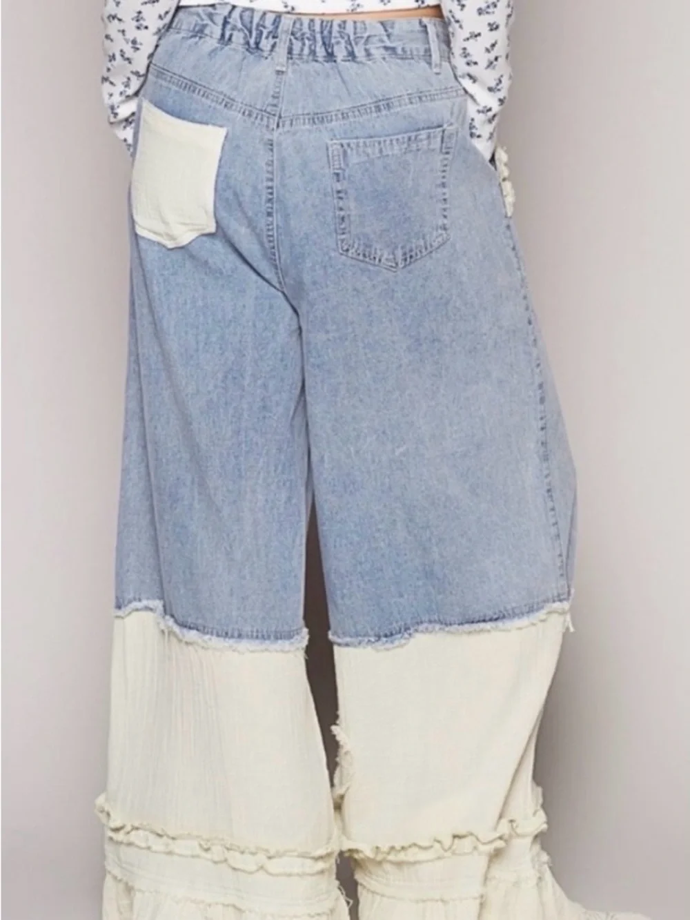 #1371 POL Two-Tone Light Blue Denim and Cream Ruffle Wide-Leg Jeans